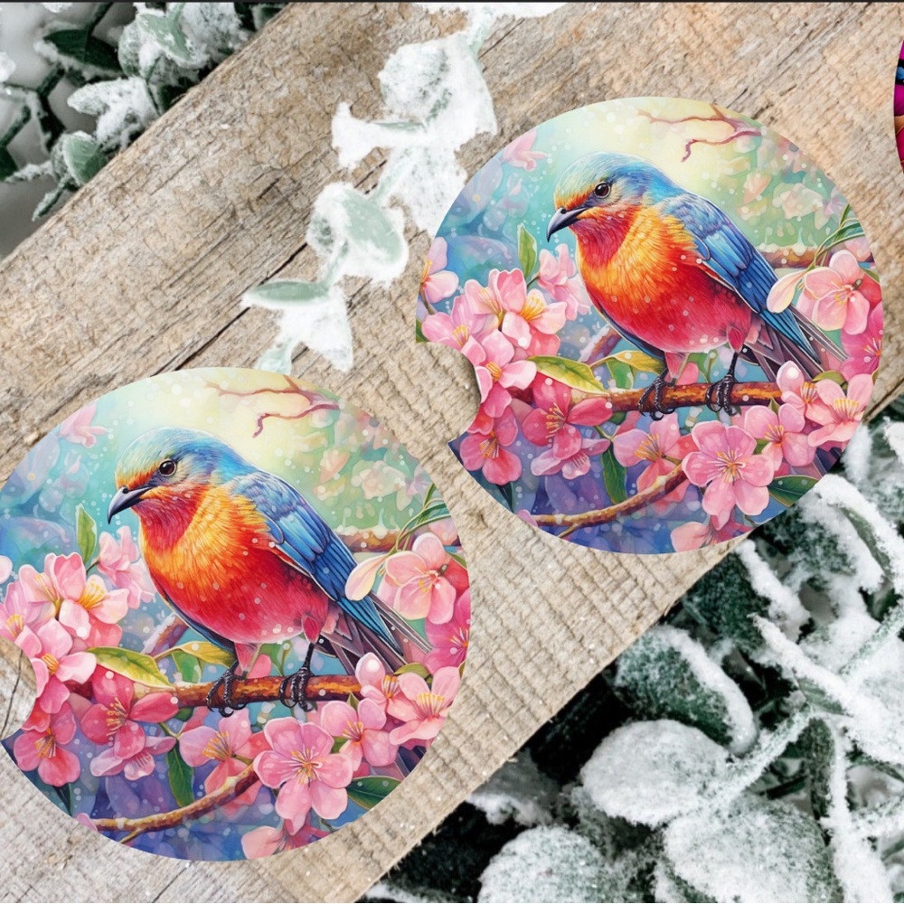 Handmade Blue Bird Car Coasters | New Set Of Two Neoprene Car Coasters